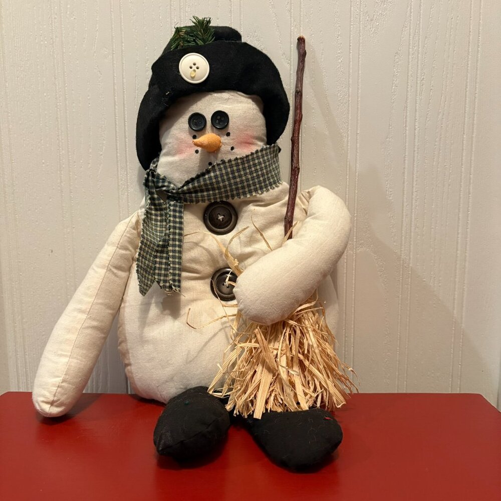 Ivory, cotton snowman with broom, felt hat, 16 inches, torso is 12". legs are 4"